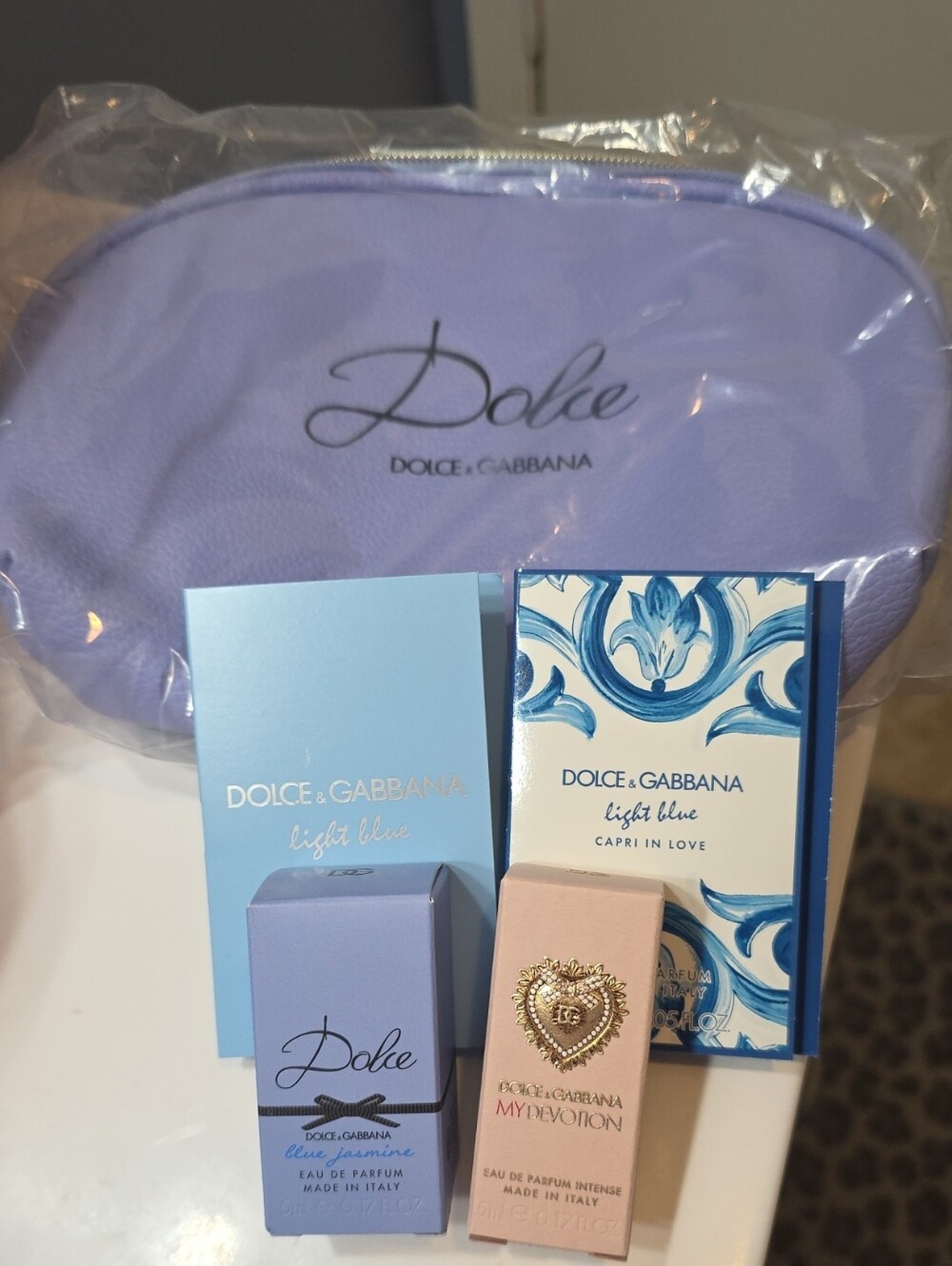 Dolce & Gabbana Lavender Cosmetic Pouch with Light Blue & Pink Fragrance Boxes